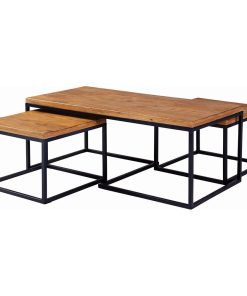 3 Piece Table Set With Metal Base, Natural and Black