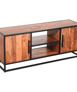 54 Inch Metal Frame TV Console with 2 Side Door Cabinets, Black and Brown