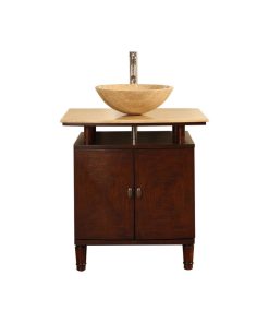 29 Inch Walnut Bathroom Vanity with Vessel Sink, Choice of Size, Travertine