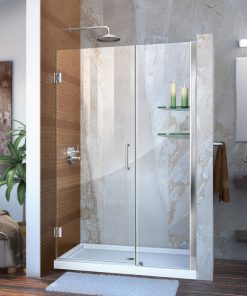 Unidoor 44-45" W x 72" H Frameless Hinged Shower Door With Shelves, Chrome