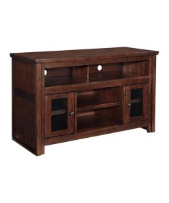 2 Door Wooden TV Stand with 2 Cabinets and Adjustable Shelf in Medium in Brown