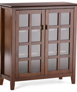 Storage Cabinet, 2 Tempered Glass Doors With 2 Inner Shelves, Russet Brown