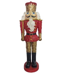 4' Nutcracker King Holding a Baton, Resin Statue With LED Lights, Red