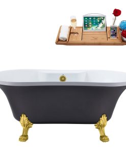 60" Streamline N105GLD-BGL Soaking Clawfoot Tub and Tray With External Drain