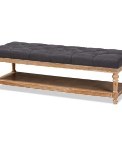Storage Bench, Grey Washed Base With Open Shelf and Tufted Charcoal Linen Seat