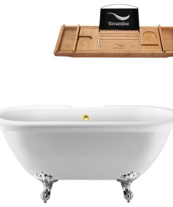 67" White Clawfoot Tub and Tray, Chrome Feet, Gold External Drain