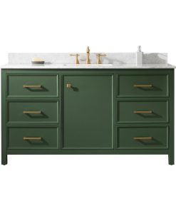 60" Blue Finish Single Sink Vanity Cabinet, Carrara White Top, Vogue Green