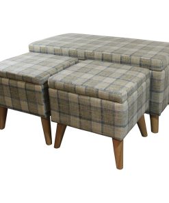 Taupe and Blue Plaid Storage Bench and Ottoman 3-Piece Set