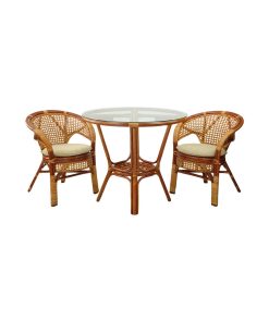 3-Piece Pelangi Dining Rattan Wicker Armchairs/Round Table Glass Top, Colonial