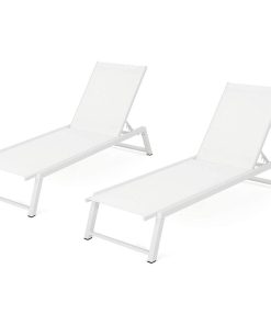 2 Pieces Patio Chaise Lounge, Aluminum Frame & Adjustable Breathable Seat, White