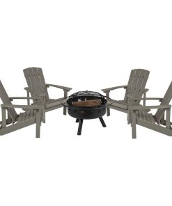 5 Piece Charlestown Gray Poly Resin Wood Adirondack Chair Set with Fire Pit...