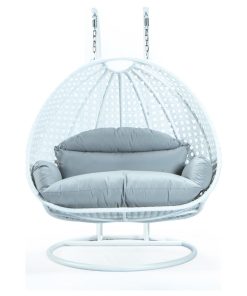 2 Person White Wicker Double Hanging Egg Swing Chair, Light Gray