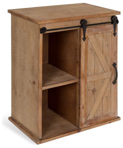 Unique Storage Cabinet, Grooved Sliding Door With Multiple Shelves, Rustic Brown