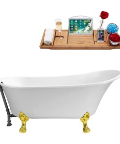 63" Streamline N342GLD-BGM Soaking Clawfoot Tub and Tray With External Drain