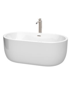 60" Freestanding Bathtub,White,Faucet, Drain,Overflow Trim,Brushed Nickel