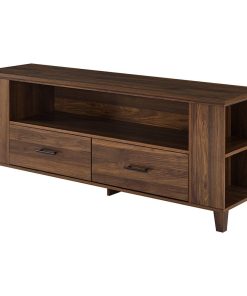 Unique TV Stand, 2 Large Storage Drawers and Extra Side Shelf, Dark Walnut