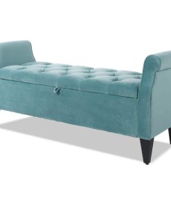 Upholstered Storage Bench, Scrolled Arms and Deep Tufted Seat, Artic Blue