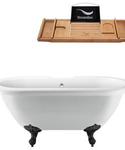 67" White Clawfoot Tub and Tray, Black Feet, Chrome External Drain
