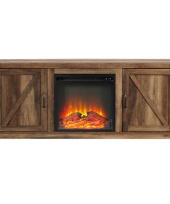 58" Farmhouse Barn Door Fireplace TV Stand, Rustic Oak