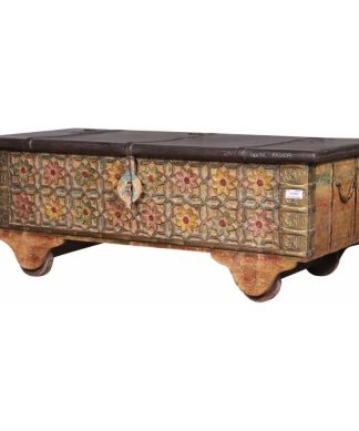 Tetonia Reclaimed Wood Hand Carved Flower Traditional Storage Trunk