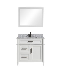 Vanity Set With Carrara Marble Top, 36", White, Standard Mirror