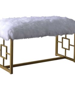 18"x38"x21" White Fur Gold Metal Upholstered, Seat Bench