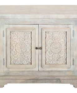 42" Distressed Antique White Farmhouse Hand Carved Accent Cabinet