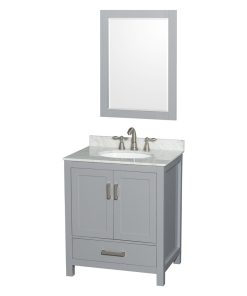 30" Single Vanity,Gray,White Carrara Marble Top,Undermount Oval Sink,24" Mirror