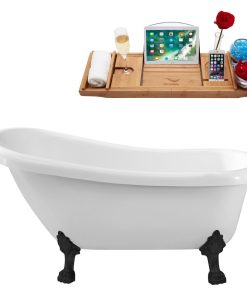 61" Soaking Clawfoot Tub With Internal Drain, White/Black