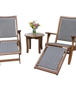 3-Piece Eucalyptus and Wicker Lounger Set With Ottoman and Round Accent Table