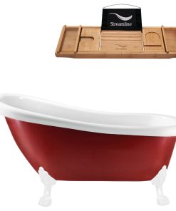 61" Red Clawfoot Tub and Tray, White Feet, Chrome Internal Drain