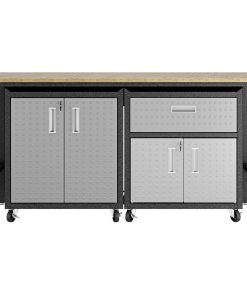 3-Piece Fortress Mobile Space-Saving Steel Garage Cabinet and Worktable, Gray