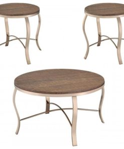 3 Piece Table Set With Curved Legs, Rustic Oak and Gold