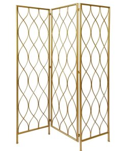 3 Panel Metal Frame Screen with Twisted Oval Design, Gold