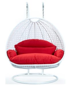 2 Person White Wicker Double Hanging Egg Swing Chair, Red