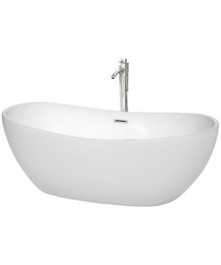 65" Freestanding Bathtub, White, Floor Mounted Faucet, Drain, Trim, Chrome