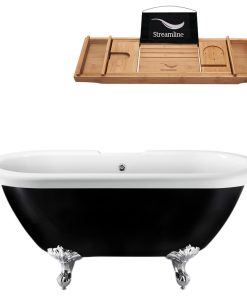 59" Black Clawfoot Tub and Tray, Chrome Feet, Chrome External Drain