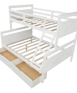 Twin Over Full Bunk Bed, Pine Wood Construction With Ladder & Drawers, White