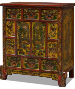 Vintage Hand Painted Distressed Yellow and Red Tibetan Cabinet