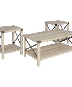 3-Piece Rustic Wood & Metal Accent Table Set, White Oak/Bronze/Black