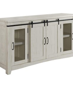 Traditional TV Stand, Pine Wood Construction With Sliding Doors, Antique White