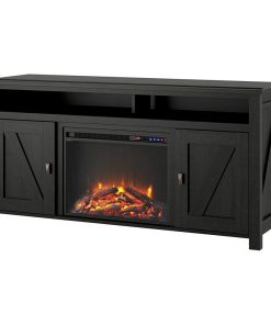 Wide Entertainment Center, Fireplace and Cabinets With Barn Doors, Black Oak