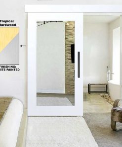 White Painted Tropical Wood Hardwood Mirror Sliding Barn Door, 30"x84" Inch, Har