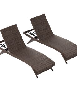 2pcs Outdoor Furniture Reclining Rattan Wicker Chaise Lounges Seat Bed, Brown