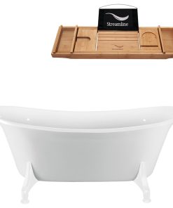 70" White Clawfoot Tub and Tray, White Feet, Chrome Internal Drain