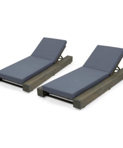 Ursula Outdoor Acacia Wood Chaise Lounge and Cushion Set, Set of 2, Gray