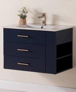 30" Right Side Shelf Vanity Wood Body With Premium White Ceramic, Marine Blue