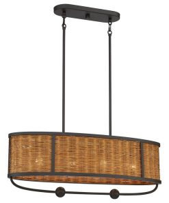 4 Light Island Chandelier, Dark Bronze, Dark Beige Rattan