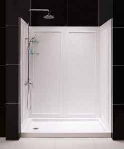 34" D x 60" W x 76.75" H Left Drain Shower Base, QWALL-5 Backwall Kit in White