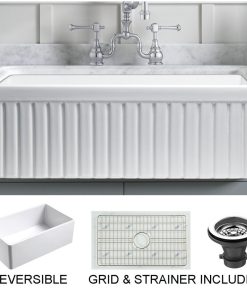 Sutton Place Reversible Farmhouse Single Bowl Kitchen Sink, Grid, Strainer, 27"